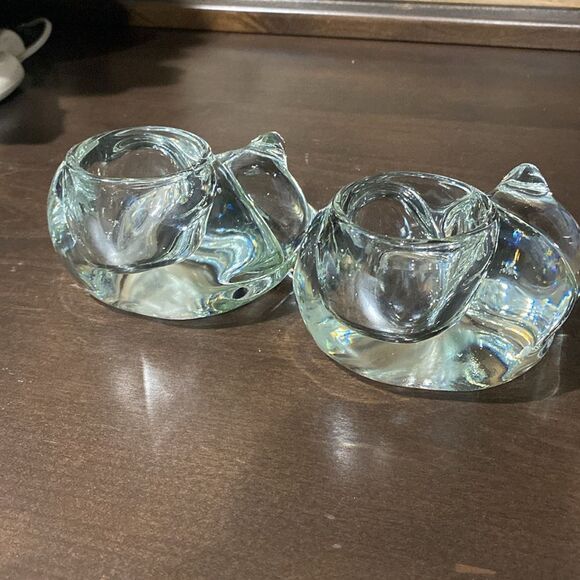 Pair of Vintage Indiana Glass Clear Sleeping Cat Tealight Votive Candle Holders - Picture 6 of 10
